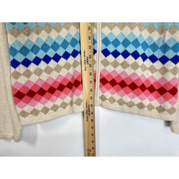Talbots Argyle Full Zip Jacket Cardigan Womens XL Tan Pink Blue Diamond Sweater - Picture 6 of 8